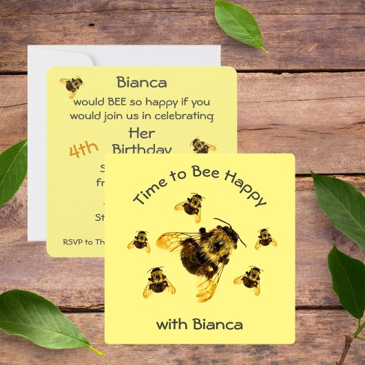 イエロー（昆虫）マルハナバチタイムトゥビーハッピーバースデーパーティー 招待状