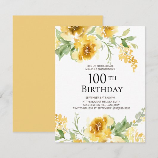 イエロー+水彩+フラワー+グリーン+100歳の誕生日 招待状 (正面/裏面)