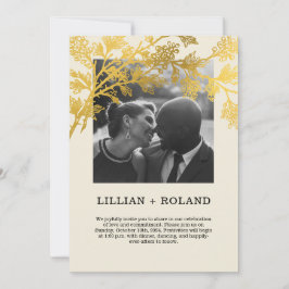 イエロー&金ゴールドカップル素朴フォトコラージュ結婚ズ 招待状