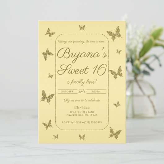 イエロー&金ゴールドグリッターバタフライスウィート16パーティー 招待状 (スタンド正面)