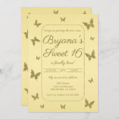 イエロー&金ゴールドグリッターバタフライスウィート16パーティー 招待状 (正面/裏面)