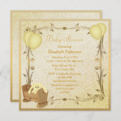 イエロー&金ゴールドヴィンテージベビーシャワークリブ&バニー 招待状 (正面/裏面)