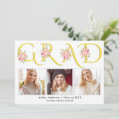 イエローGRADタイポグラフィピンクのバラ写真卒業 案内状 (スタンド正面)