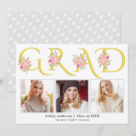 イエローGRADタイポグラフィピンクのバラ写真卒業 案内状