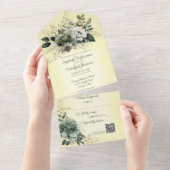 イエローQRコード上のセージ緑フローラの濃淡 オールインワン招待状 (貼ってはがせる)