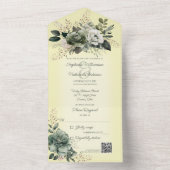 イエローQRコード上のセージ緑フローラの濃淡 オールインワン招待状 (内側)