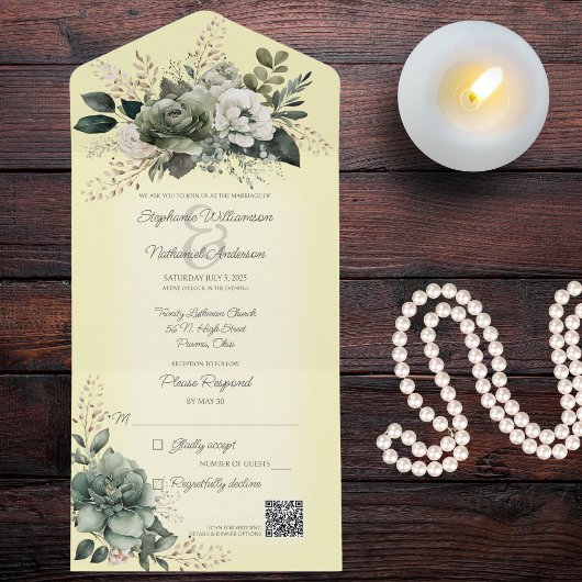 イエローQRコード上のセージ緑フローラの濃淡 オールインワン招待状