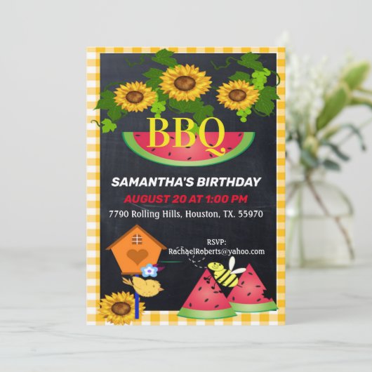 イエロ市松模様にーカントリーひまわり誕生日BBQイン 招待状 (スタンド正面)