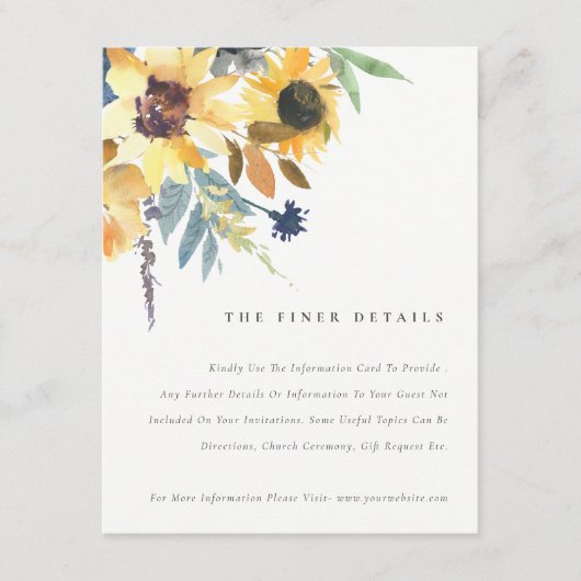 イエロ素朴ネイビーサンフラワーフローラ結婚ズ詳細 エンクロージャーカード (正面)