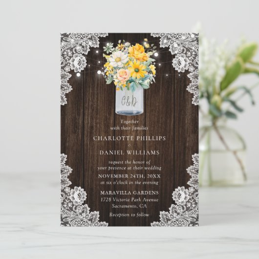 イエロ素朴ピーチフローラメイスンジャー結婚ウッド 招待状 (スタンド正面)