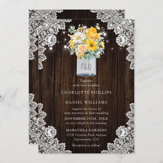 イエロ素朴ピーチフローラメイスンジャー結婚ウッド 招待状 (正面/裏面)