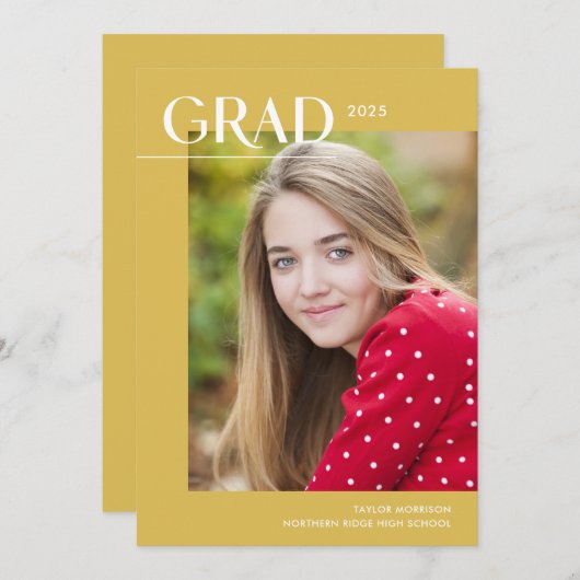 イエロ鮮やかラモダンード写真卒業パーティー 招待状 (正面/裏面)