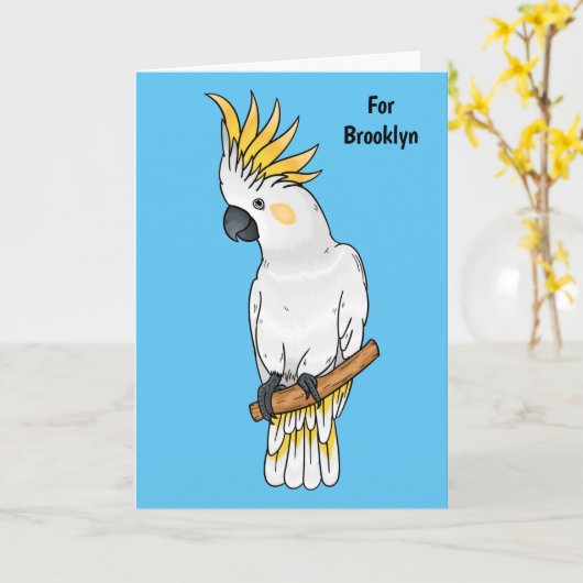 イオウの冠を持つコカトゥーの鳥の漫画イラストレーション カード (黄色い花)