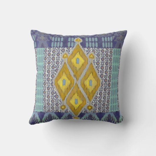 イカットのウズベキスタンのヴィンテージ種族パターン海軍黄色 クッション (裏面)