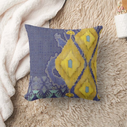 イカットのウズベキスタン旧式な種族パターン海軍黄色 クッション (ブランケット)