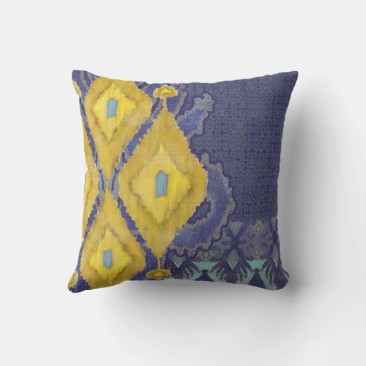 イカットのウズベキスタン旧式な種族パターン海軍黄色 クッション (裏面)