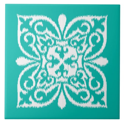 イカットのダマスク織パターン-ターコイズおよび白 タイル (正面)