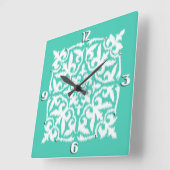 イカットのダマスク織パターン-孔雀の青および白 スクエア壁時計 (傾斜)