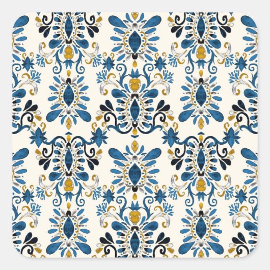 イカットの絞り染め、部族の水色 スクエアシール (正面)