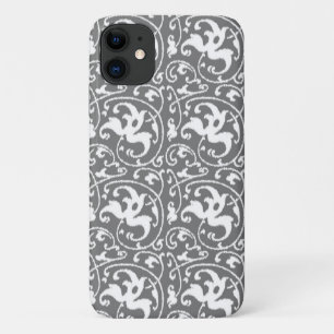 イカットの花のダマスク織-灰色/灰色および白 iPhone 11 ケース