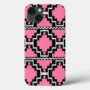 イカットアステカパターン – 明るい赤紫色ピンク、白黒 iPhone 13ケース