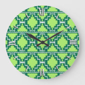 イカットアステカパターン – 森とライムグリーン ラージ壁時計 (正面)