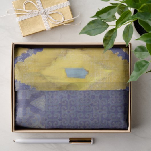 イカットウズベキスタンアンティークトバルブルーイエローパターン 薄葉紙 (ギフト)