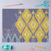 イカットウズベキスタンアンティークトバルブルーイエローパターン 薄葉紙 (クラフト)