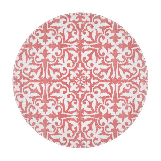 イカットダマスクパターン – コーラルピンクとホワイト カッティングボード (正面)