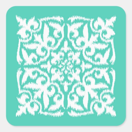 イカットダマスクパターン – ピーコックブルーとホワイト スクエアシール (正面)
