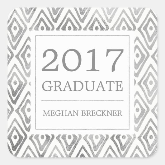 イカットパターン卒業ステッカー |シルバー スクエアシール (正面)