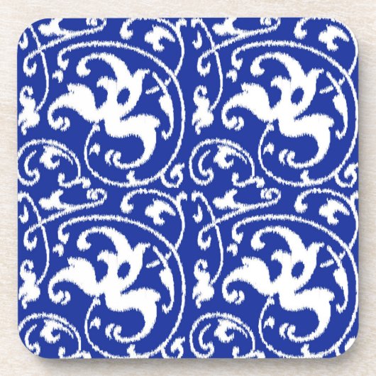 イカットフローラダマスク – Cobalt Blue and White コースター (正面)