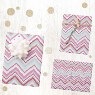 イカットモダンシェブロンストライプ抽象芸術ピンクグリーン ラッピングペーパーシート