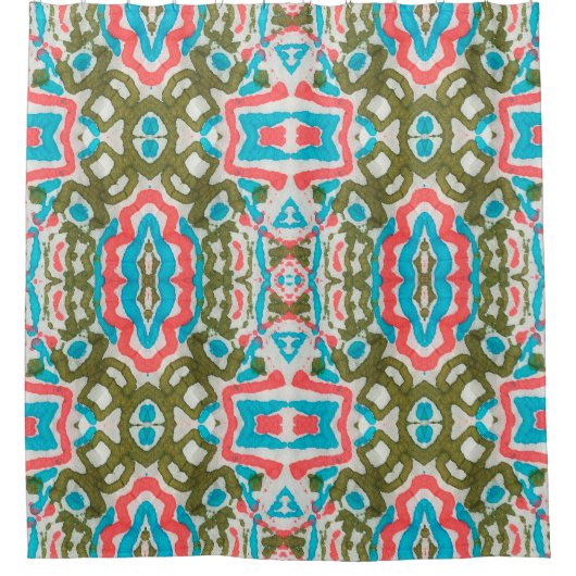 イカット民族抽象芸術パターン。シャーマン模様。ペニ シャワーカーテン (正面)