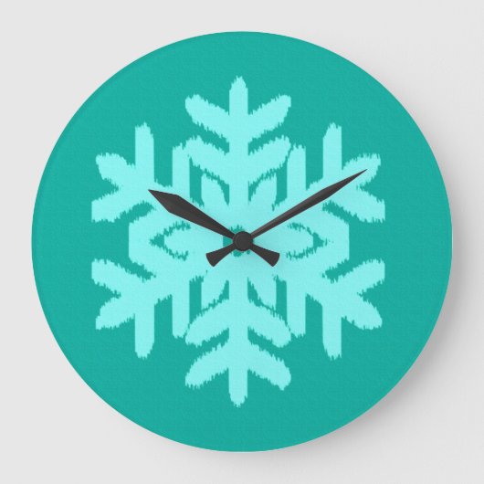 イカット雪片 – ターコイズと水色 ラージ壁時計 (正面)