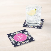 イカット + ピンクのモノグラム スクエアペーパーコースター (インサイチュ)