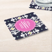 イカット + ピンクのモノグラム スクエアペーパーコースター (アングル)