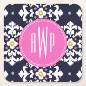 イカット + ピンクのモノグラム スクエアペーパーコースター (正面)