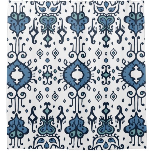 イカット、部族、民族のシームレスなオーナメント。 シャワーカーテン (正面)