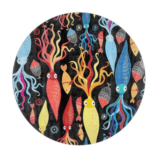 イカ数々のの黒背景 カッティングボード (正面)