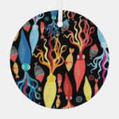 イカ数々のの黒背景 ガラスオーナメント (裏面)