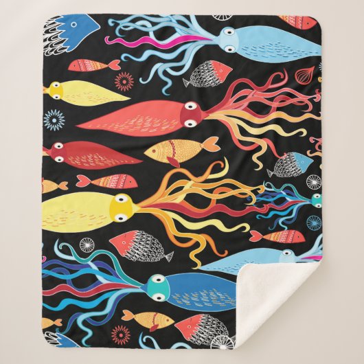 イカ数々のの黒背景 シェルパブランケット (正面)