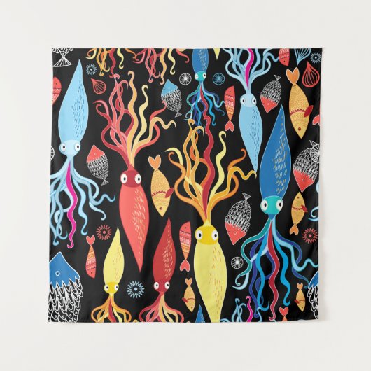 イカ数々のの黒背景 タペストリー (正面)