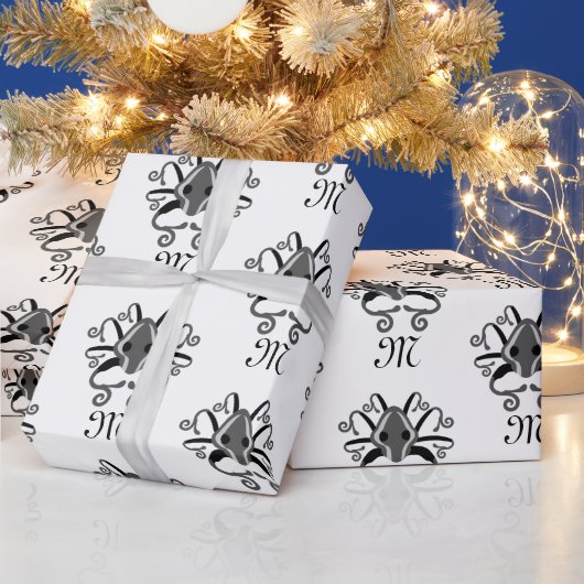 イカ灰色モノグラム ラッピングペーパー (クリスマス)