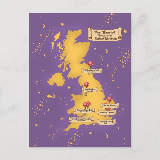 イギリスで最も幽霊が出る場所の地図 ポストカード (正面)