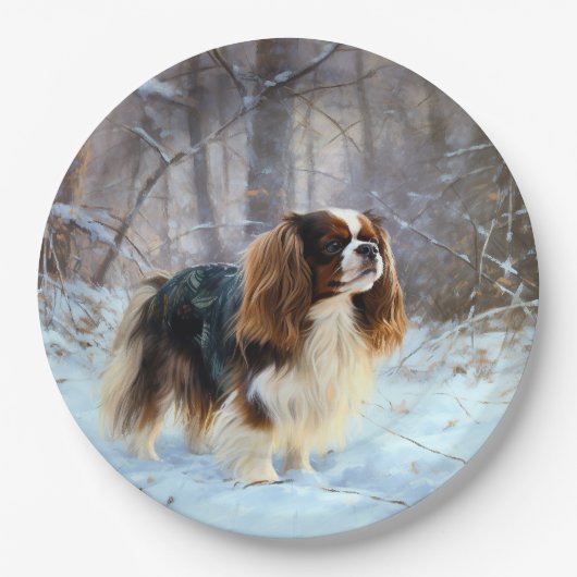 イギリスのおもちゃスパニエル犬が雪のクリスマスを過ごす ペーパープレート (正面)