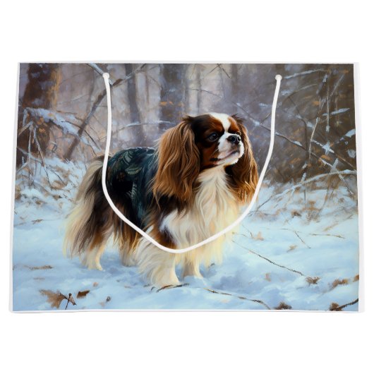 イギリスのおもちゃスパニエル犬が雪のクリスマスを過ごす ラージペーパーバッグ (正面)