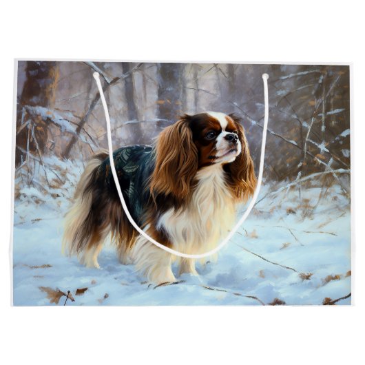 イギリスのおもちゃスパニエル犬が雪のクリスマスを過ごす ラージペーパーバッグ (裏面)