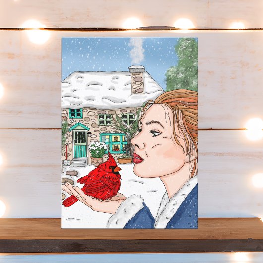 イギリスのコテージとカーディナルの冬の日（フレームなし） カード
