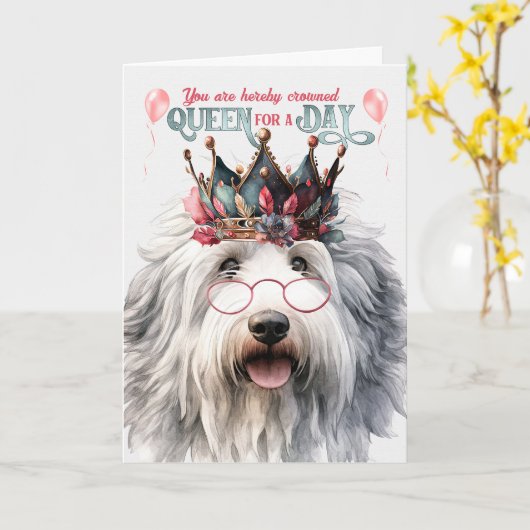 イギリスのシープドッグ女王の日おもしろい誕生日 カード (黄色い花)